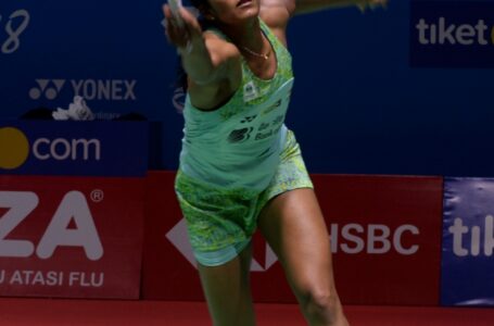 Sindhu Pusrala of India returning a shot from Aya Ohori of Japan in Indonenia Open Badminton tournament at Jakarta on July 5. Pusrala won 2-0.