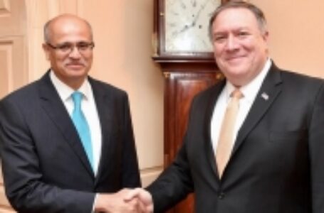 Foreign Secretary Vijay Gokhale with US Secretary of State Michael Pompeo in Washington on Tuesday